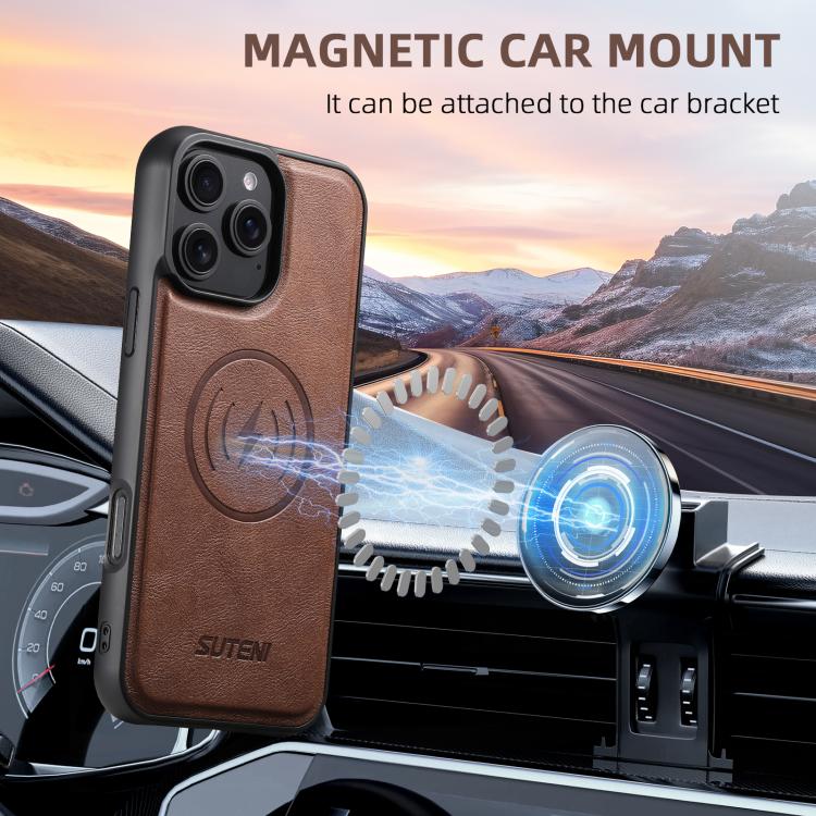 For iPhone 15 Pro Suteni G5 Cowhide Leather MagSafe Magnetic Phone Case(Brown)