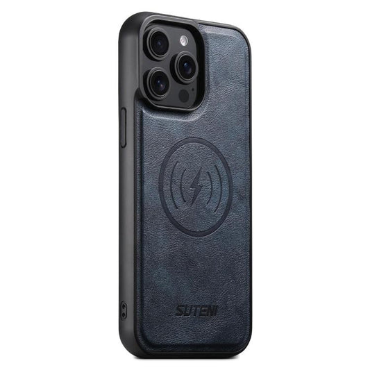 For iPhone 15 Pro Suteni G5 Cowhide Leather MagSafe Magnetic Phone Case(Blue)