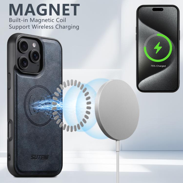 For iPhone 15 Pro Suteni G5 Cowhide Leather MagSafe Magnetic Phone Case(Blue)