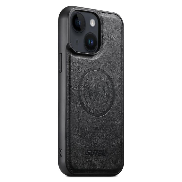 For iPhone 15 Suteni G5 Cowhide Leather MagSafe Magnetic Phone Case(Black)
