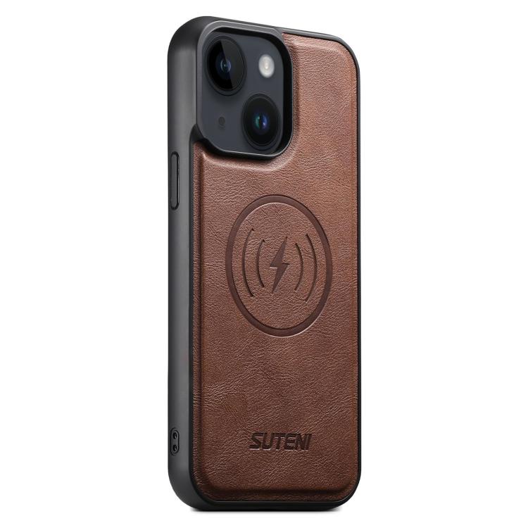 For iPhone 15 Suteni G5 Cowhide Leather MagSafe Magnetic Phone Case(Brown)