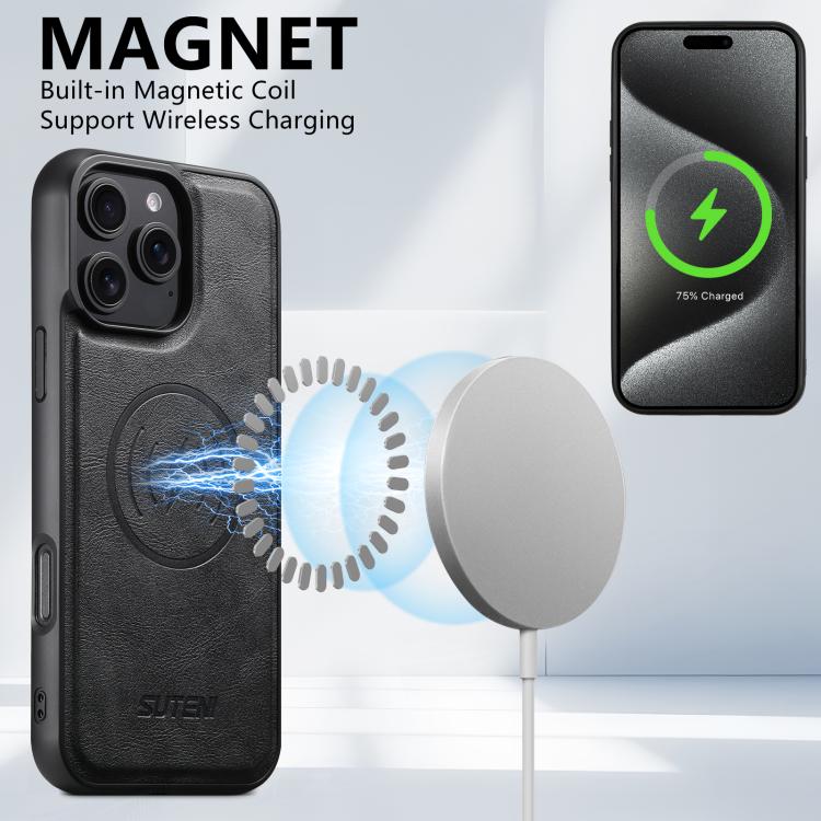 For iPhone 14 Pro Max Suteni G5 Cowhide Leather MagSafe Magnetic Phone Case(Black)