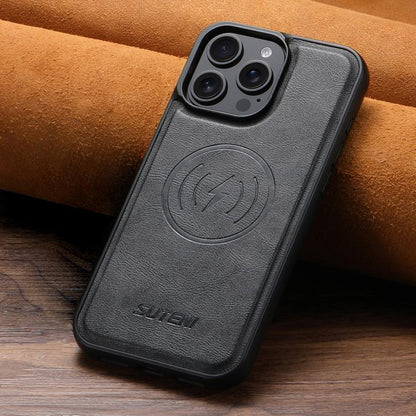 For iPhone 13 Pro Max Suteni G5 Cowhide Leather MagSafe Magnetic Phone Case(Black)