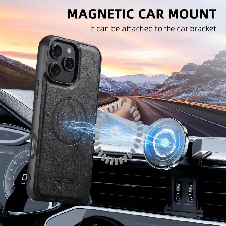 For iPhone 13 Pro Suteni G5 Cowhide Leather MagSafe Magnetic Phone Case(Black)