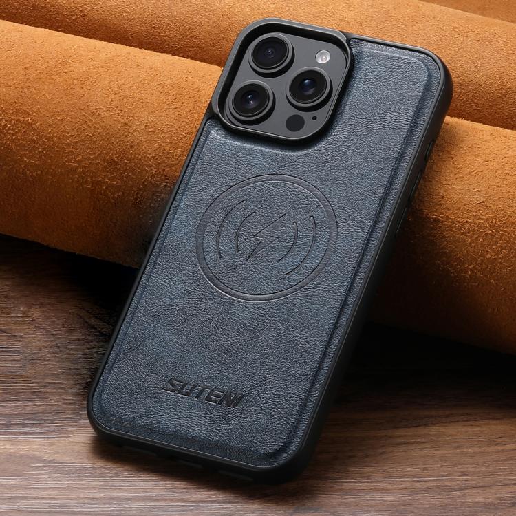 For iPhone 13 Suteni G5 Cowhide Leather MagSafe Magnetic Phone Case(Blue)