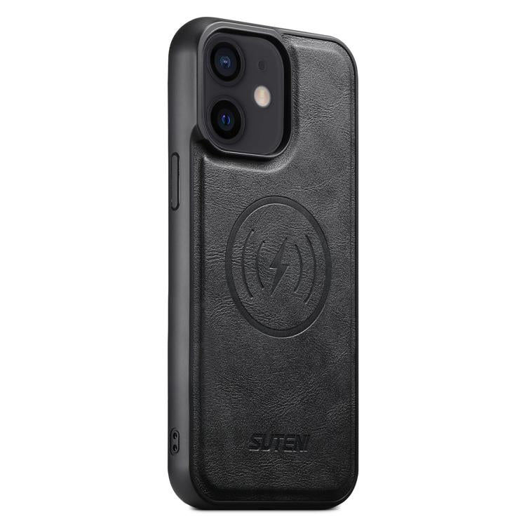 For iPhone 12 Suteni G5 Cowhide Leather MagSafe Magnetic Phone Case(Black)
