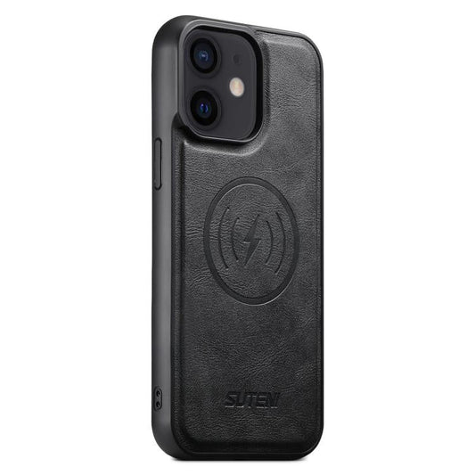 Pour iPhone 12 Suteni G5 Housse de téléphone magnétique en cuir de vachette MagSafe (Noir)