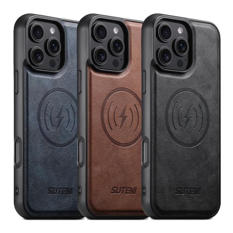 For iPhone 15 Pro Suteni G5 Cowhide Leather MagSafe Magnetic Phone Case(Black)