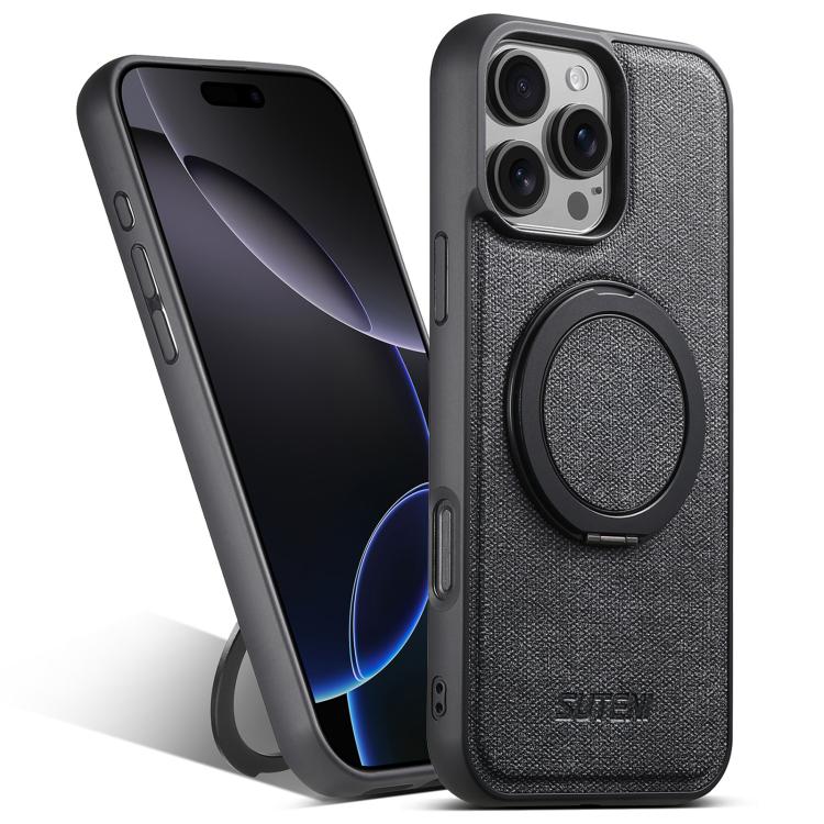 For iPhone 16 Pro Max Suteni G3 360 Rotation Holder MagSafe Denim Leather Back Phone Case(Black)