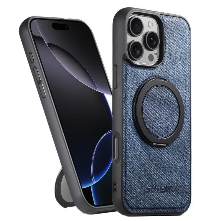 For iPhone 16 Pro Max Suteni G3 360 Rotation Holder MagSafe Denim Leather Back Phone Case(Blue)