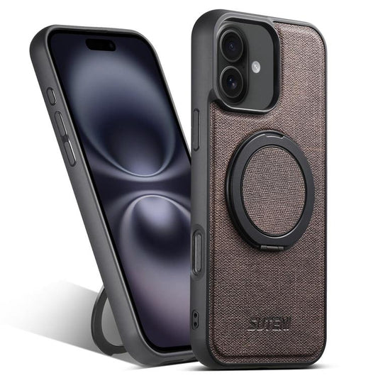 Pour iPhone 16 Suteni G3 Étui de Téléphone à L'arrière en Cuir Jean avec Support Rotation 360° MagSafe (Marron)