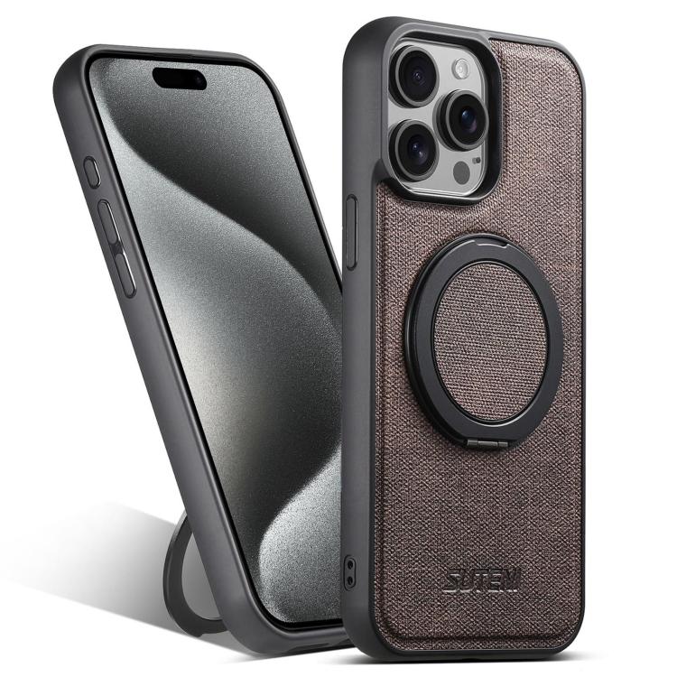 For iPhone 15 Pro Max Suteni G3 360 Rotation Holder MagSafe Denim Leather Back Phone Case(Brown)