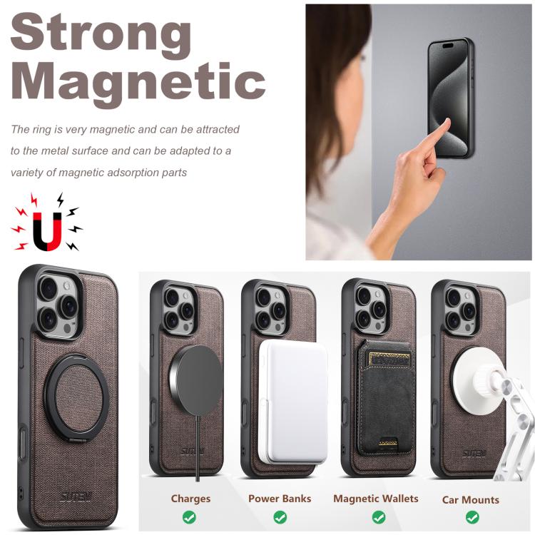For iPhone 15 Pro Max Suteni G3 360 Rotation Holder MagSafe Denim Leather Back Phone Case(Brown)