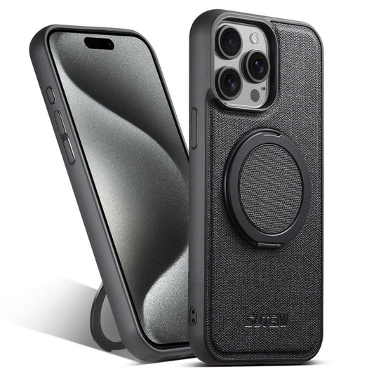 For iPhone 15 Pro Suteni G3 360 Rotation Holder MagSafe Denim Leather Back Phone Case(Black)