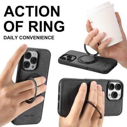 For iPhone 15 Pro Suteni G3 360 Rotation Holder MagSafe Denim Leather Back Phone Case(Black)