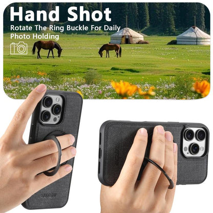 For iPhone 15 Pro Suteni G3 360 Rotation Holder MagSafe Denim Leather Back Phone Case(Black)