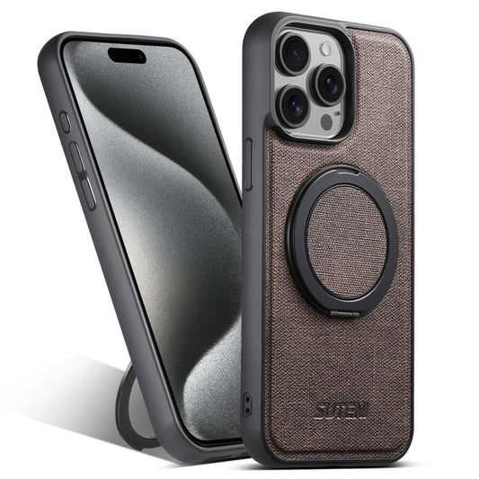 For iPhone 15 Pro Suteni G3 360 Rotation Holder MagSafe Denim Leather Back Phone Case(Brown)