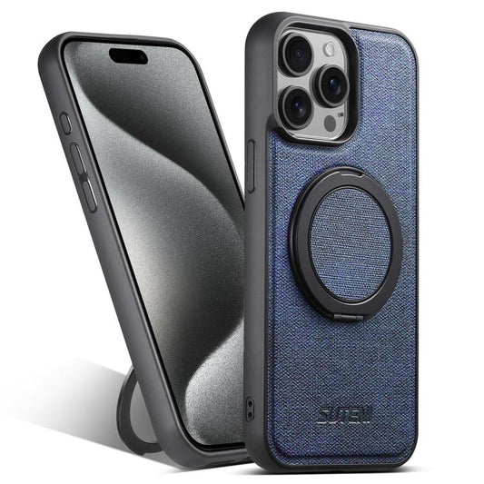 For iPhone 15 Pro Suteni G3 360 Rotation Holder MagSafe Denim Leather Back Phone Case(Blue)