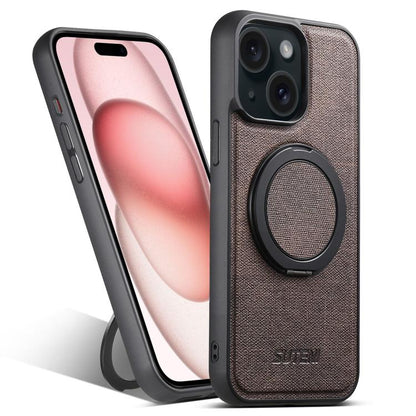 For iPhone 15 Plus Suteni G3 360 Rotation Holder MagSafe Denim Leather Back Phone Case(Brown)