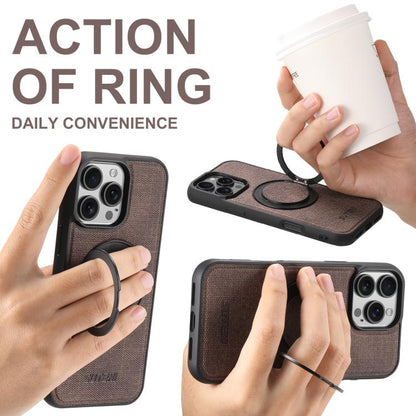 For iPhone 15 Plus Suteni G3 360 Rotation Holder MagSafe Denim Leather Back Phone Case(Brown)
