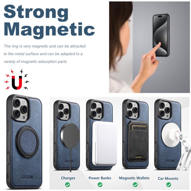For iPhone 15 Plus Suteni G3 360 Rotation Holder MagSafe Denim Leather Back Phone Case(Blue)