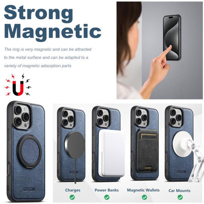 For iPhone 15 Plus Suteni G3 360 Rotation Holder MagSafe Denim Leather Back Phone Case(Blue)