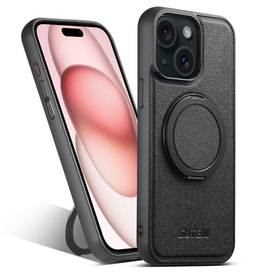 For iPhone 15 Suteni G3 360 Rotation Holder MagSafe Denim Leather Back Phone Case(Black)
