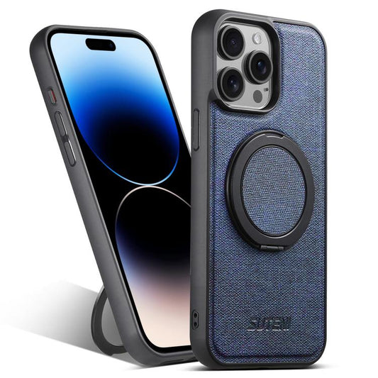 Pour iPhone 14 Pro Max Étui de téléphone en cuir denim avec support rotatif à 360° Suteni G3 MagSafe (Bleu)