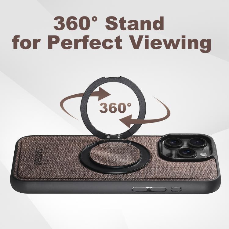 For iPhone 13 Pro Max Suteni G3 360 Rotation Holder MagSafe Denim Leather Back Phone Case(Brown)