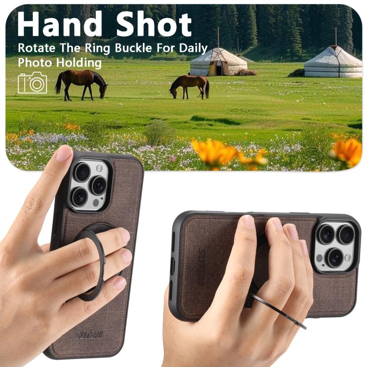 For iPhone 13 Pro Max Suteni G3 360 Rotation Holder MagSafe Denim Leather Back Phone Case(Brown)