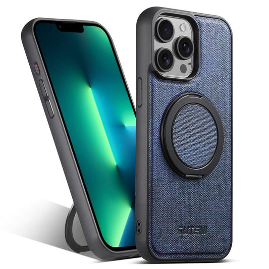 Pour iPhone 13 Pro Max Suteni G3 360 Rotation Support MagSafe Étui de Téléphone en Cuir Jean (Bleu)