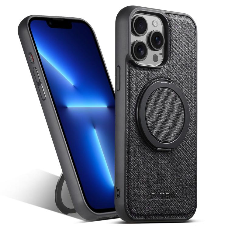 Pour iPhone 13 Pro Étui de téléphone en cuir denim MagSafe avec support rotatif à 360° Suteni G3 (noir)