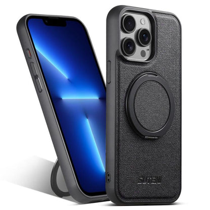Pour iPhone 13 Pro Étui de téléphone en cuir denim MagSafe avec support rotatif à 360° Suteni G3 (noir)