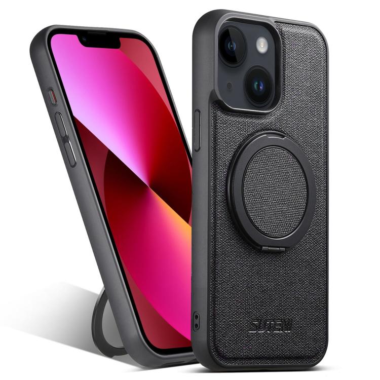 Pour iPhone 13 Suteni G3 Support rotatif à 360° en cuir denim MagSafe Coque arrière de téléphone (Noir)