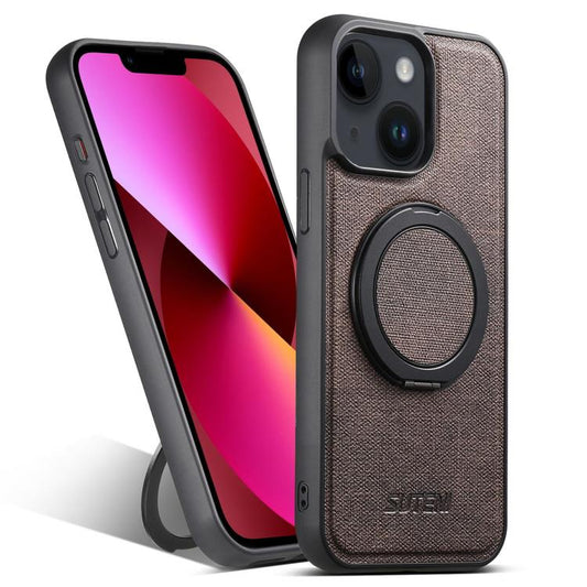 Pour iPhone 13 Suteni G3 Support rotatif 360° Étui de téléphone à l'arrière en cuir denim MagSafe (marron)
