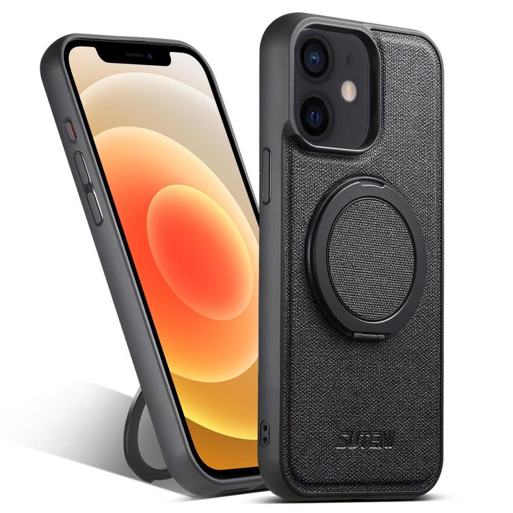 Pour iPhone 12 Suteni G3 Étui de protection MagSafe en cuir denim avec support rotatif à 360° (noir)