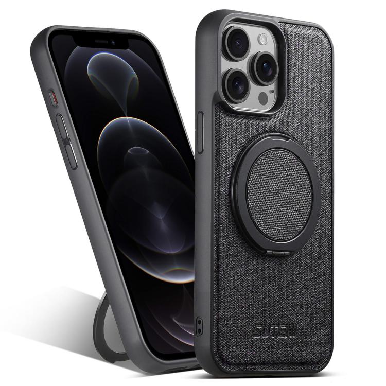 For iPhone 12 Pro Suteni G3 360 Rotation Holder MagSafe Denim Leather Back Phone Case(Black)