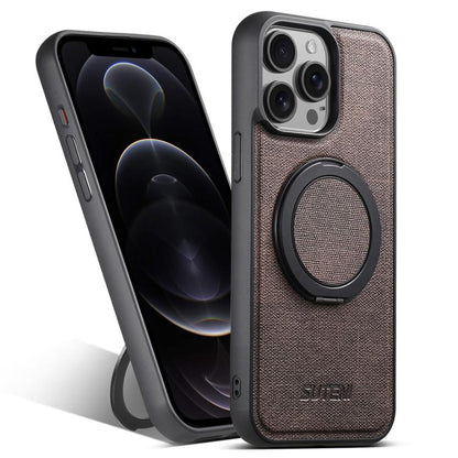 For iPhone 12 Pro Suteni G3 360 Rotation Holder MagSafe Denim Leather Back Phone Case(Brown)