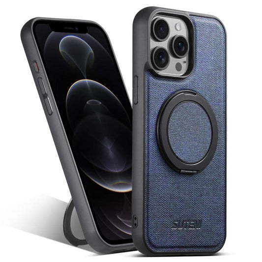 Pour iPhone 12 Pro Étui de téléphone arrière en cuir denim Suteni G3 avec support rotatif à 360° et MagSafe (bleu)