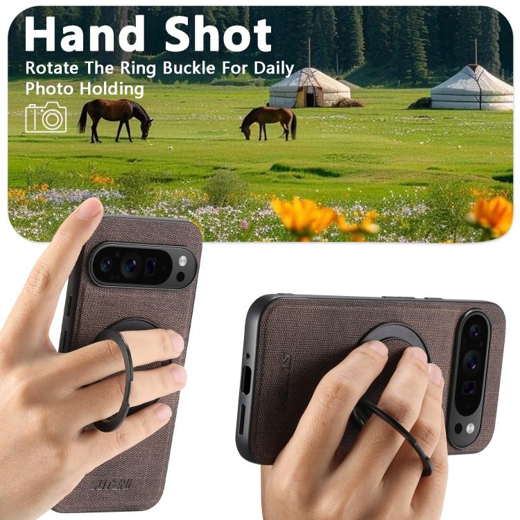For Google Pixel 10 Pro XL Suteni G3 360 Rotation Holder MagSafe Denim Leather Back Phone Case(Brown)