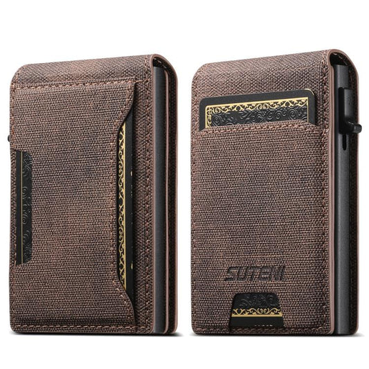 Suteni Denim Pattern Button Automatically Pops Out the Card Box(Brown)
