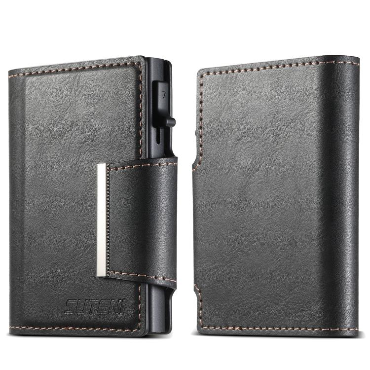 Suteni oil wax-patterned left and right buckle buttons automatically pop out the card box(Black)