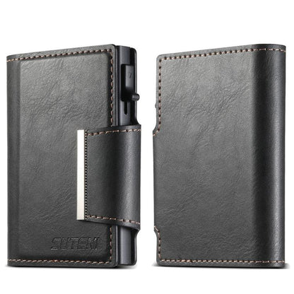 Suteni oil wax-patterned left and right buckle buttons automatically pop out the card box(Black)