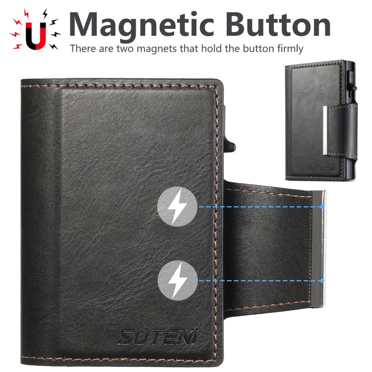 Suteni oil wax-patterned left and right buckle buttons automatically pop out the card box(Black)