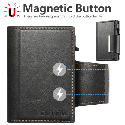 Suteni oil wax-patterned left and right buckle buttons automatically pop out the card box(Black)