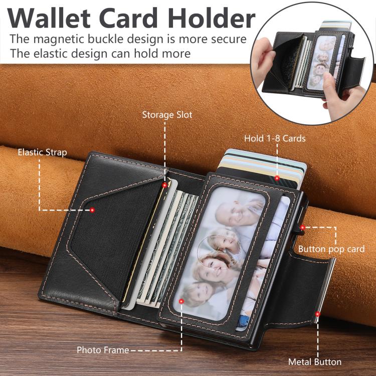 Suteni oil wax-patterned left and right buckle buttons automatically pop out the card box(Black)