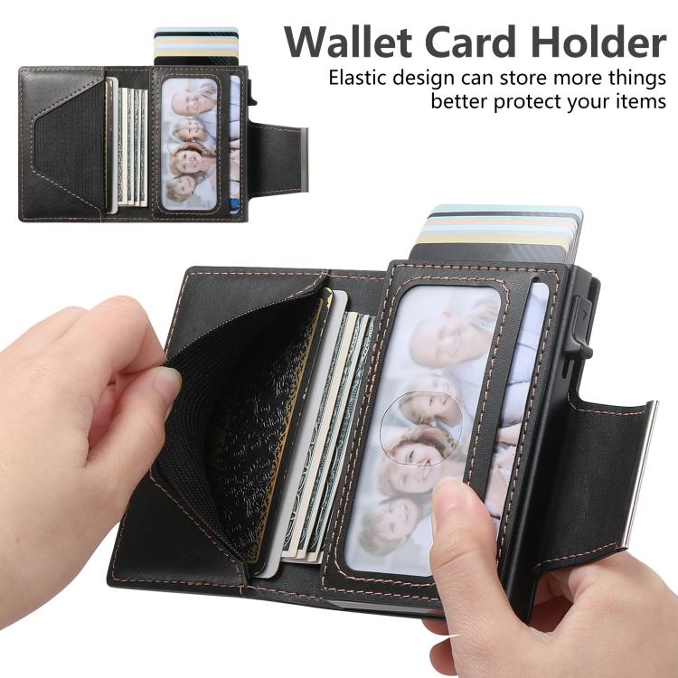 Suteni oil wax-patterned left and right buckle buttons automatically pop out the card box(Black)