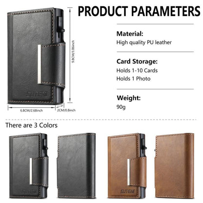 Suteni oil wax-patterned left and right buckle buttons automatically pop out the card box(Black)