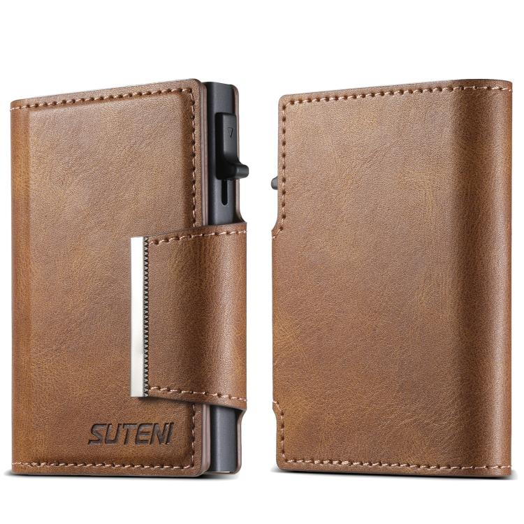 Porte-cartes à boucle gauche et droite à motif cire d'huile Suteni, éjection automatique (Marron)