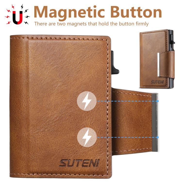 Porte-cartes à boucle gauche et droite à motif cire d'huile Suteni, éjection automatique (Marron)